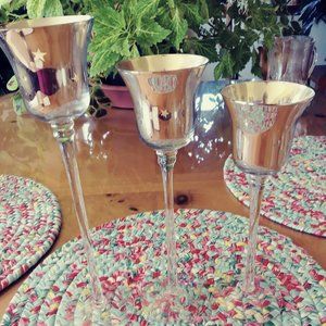 Vintage Votive Candle Set, Long Stem Glass with Silverplated Holder with Cutouts